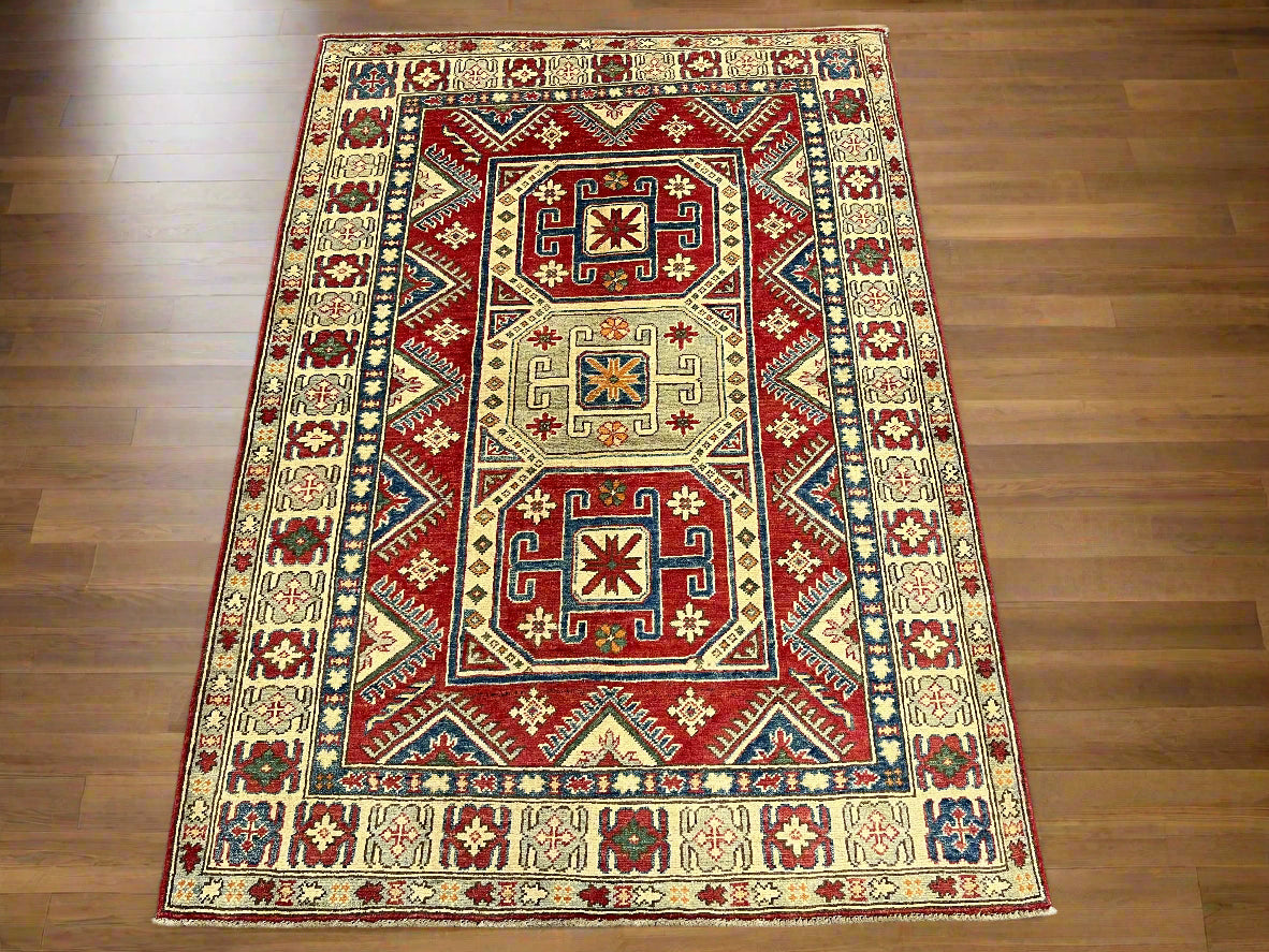 Geometric 4X6 Kazak Handmade Wool Rug # 9884