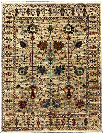 Beige Floral Mohal 5X7 Handmade Wool Rug # 14595