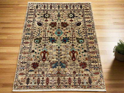 Beige Floral Mohal 5X7 Handmade Wool Rug # 14595