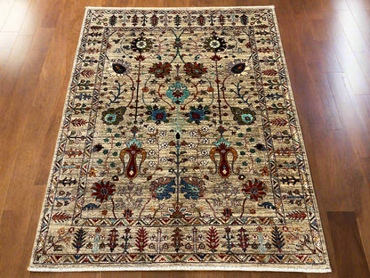 Beige Floral Mohal 5X7 Handmade Wool Rug # 14595