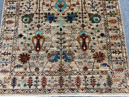 Beige Floral Mohal 5X7 Handmade Wool Rug # 14595