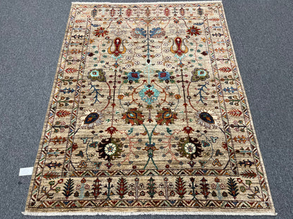 Beige Floral Mohal 5X7 Handmade Wool Rug # 14595