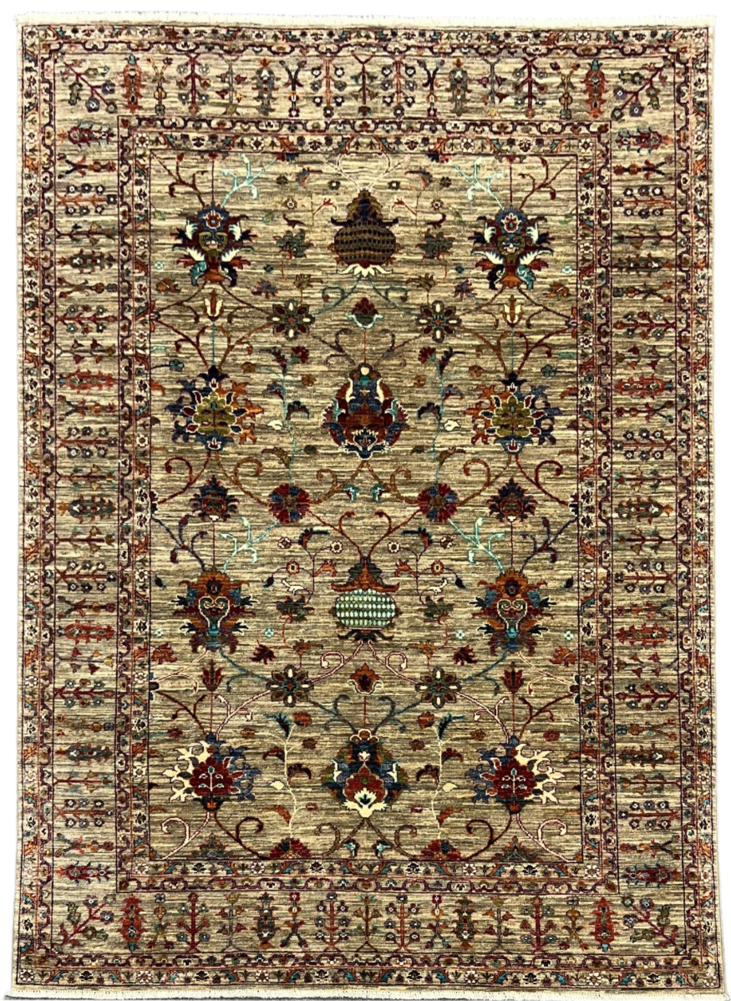 Beige Floral Mohal 6X8 Handmade Wool Rug # 14587