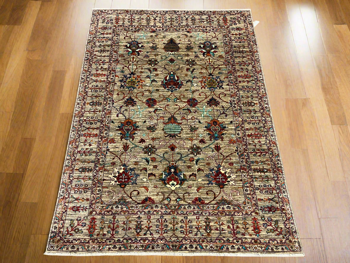 Beige Floral Mohal 6X8 Handmade Wool Rug # 14587