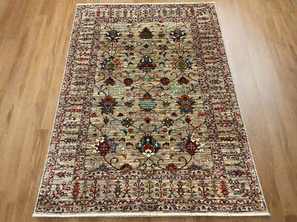 Beige Floral Mohal 6X8 Handmade Wool Rug # 14587