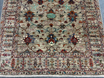 Beige Floral Mohal 6X8 Handmade Wool Rug # 14587