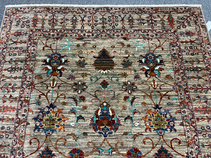 Beige Floral Mohal 6X8 Handmade Wool Rug # 14587