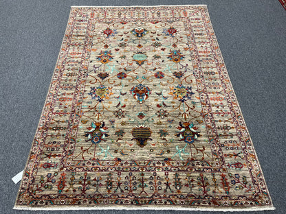 Beige Floral Mohal 6X8 Handmade Wool Rug # 14587