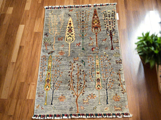 3X5 Gray Tree of life Handmade Wool Rug # 14033