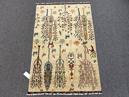 3X5 Beige Tree Of Life Handmade Wool Rug # 14098