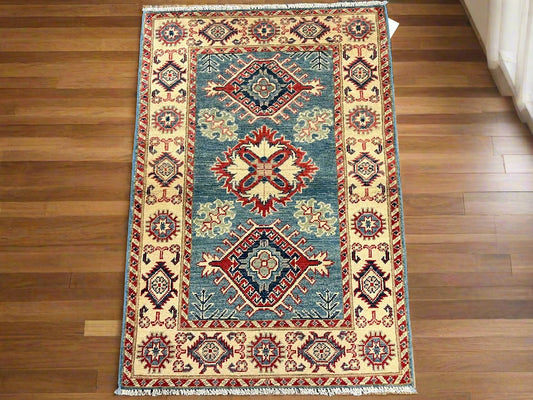 Kazak 3X4 Light Blue Handmade Wool Rug # 13870