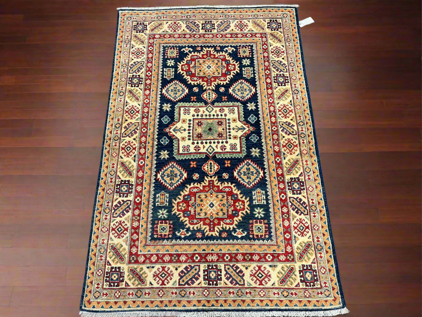 4 X 6 Kazak Navy Blue Handmade Wool Rug # 13668