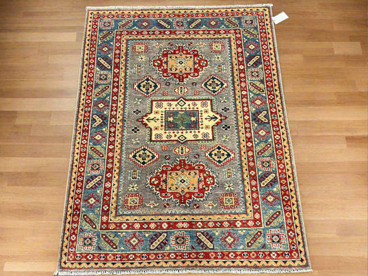 4X6 Kazak Gray/Light Blue Handmade Wool Rug # 13672