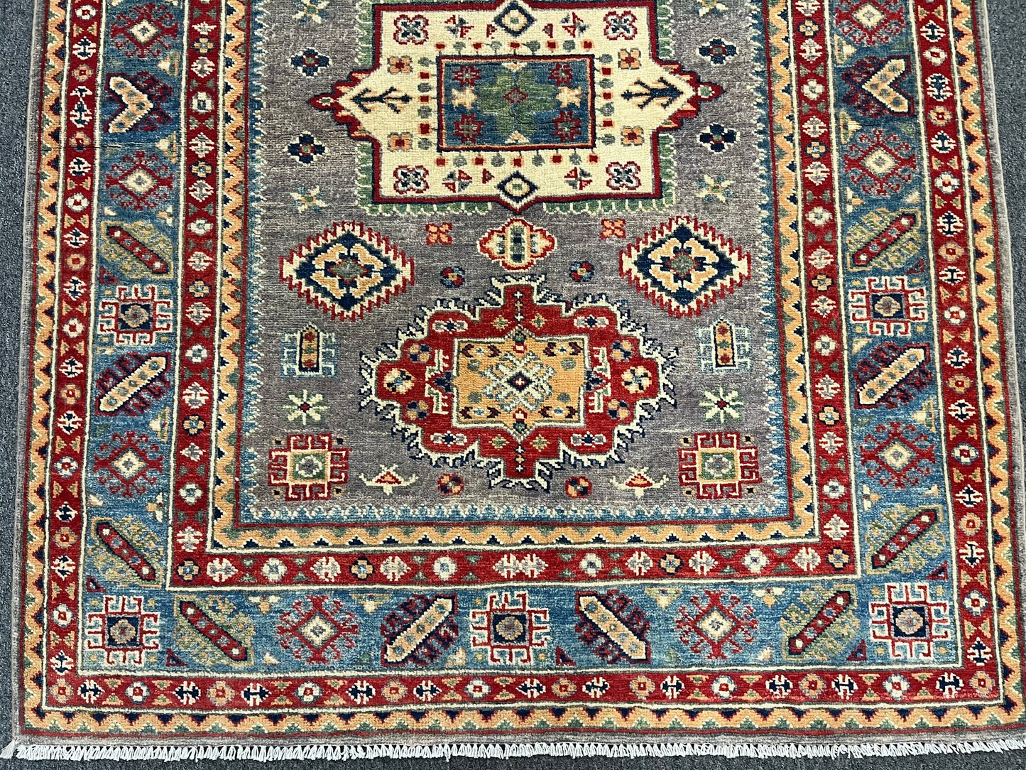 4X6 Kazak Gray/Light Blue Handmade Wool Rug # 13672