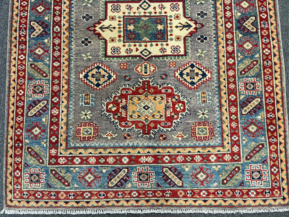 4X6 Kazak Gray/Light Blue Handmade Wool Rug # 13672