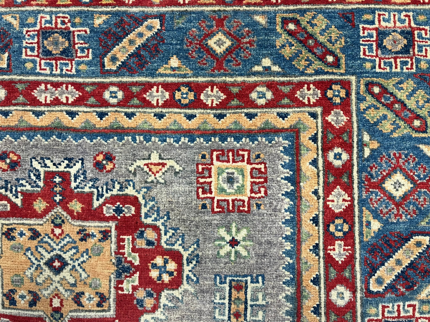 4X6 Kazak Gray/Light Blue Handmade Wool Rug # 13672