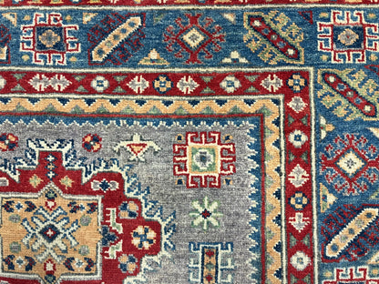 4X6 Kazak Gray/Light Blue Handmade Wool Rug # 13672