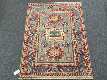 4X6 Kazak Gray/Light Blue Handmade Wool Rug # 13672