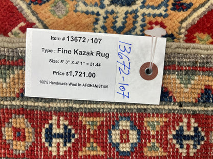 4X6 Kazak Gray/Light Blue Handmade Wool Rug # 13672