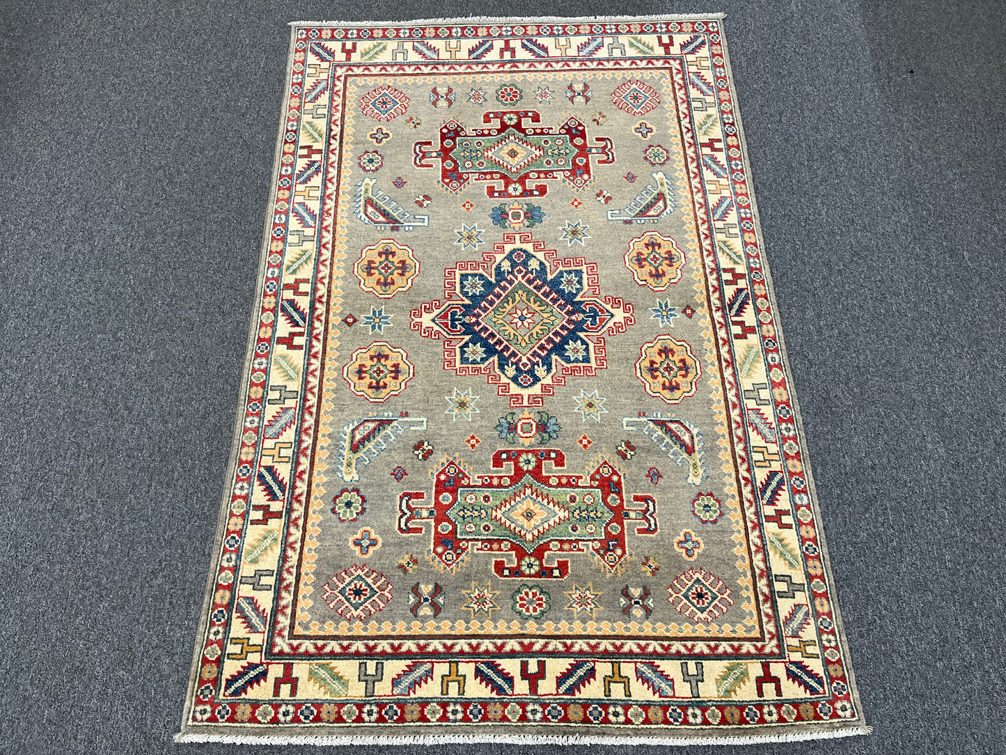 4X6 Kazak Gray Brown Handmade Wool Rug # 13580