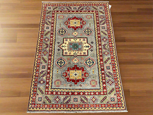 4X6 Kazak Gray brown Handmade Wool Rug # 13600