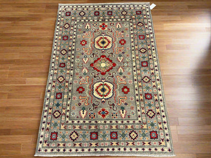 4X6 Kazak Gray Brown Handmade Wool Rug # 13576