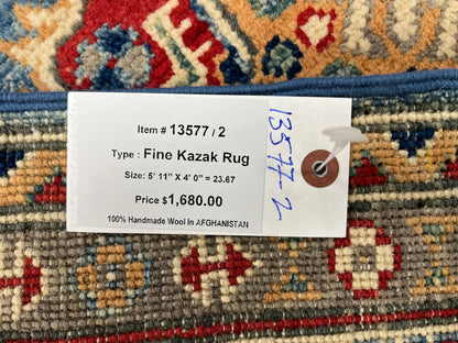 4 X 6 Kazak Light Blue Handmade Wool Rug # 13577