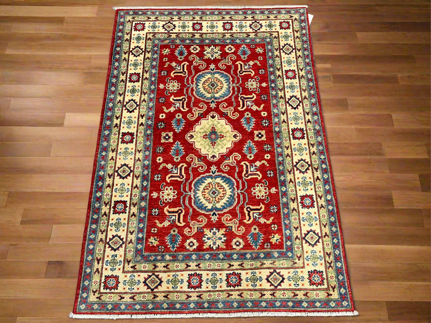 Kazak Geometric Red 4X6 Handmade Wool Rug # 13754