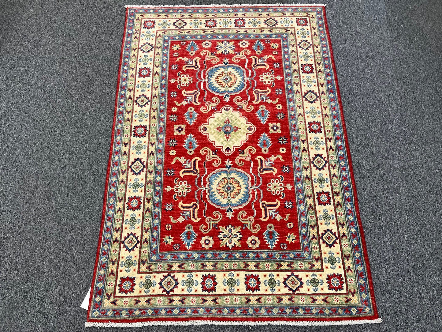 Kazak Geometric Red 4X6 Handmade Wool Rug # 13754