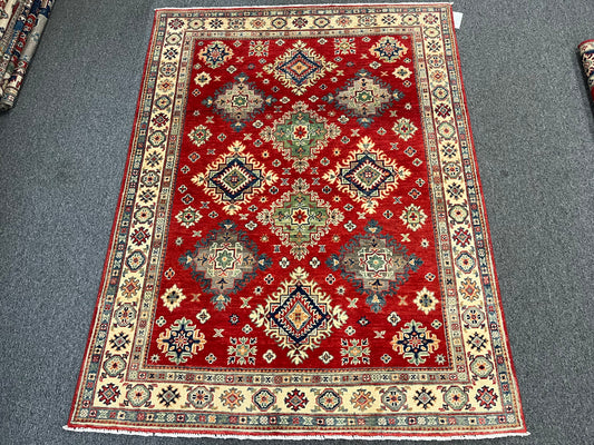 Red/Beige 5X7 Kazak Handmade Wool Rug # 13842