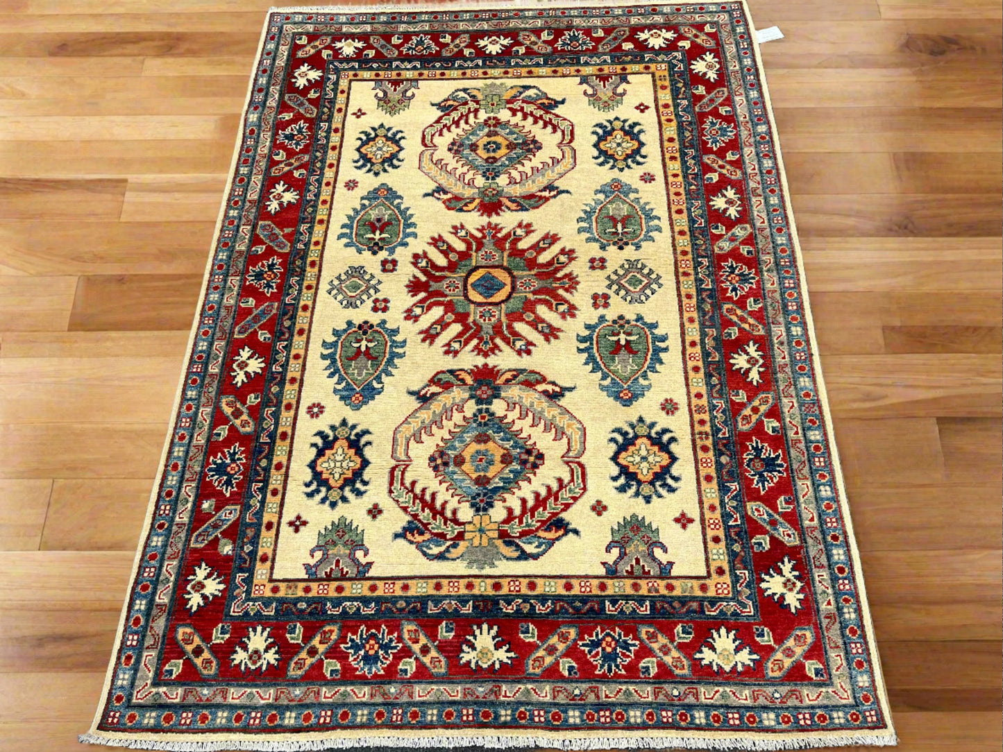 Beige/Red Kazak 5X7 Handmade Wool Rug # 13817