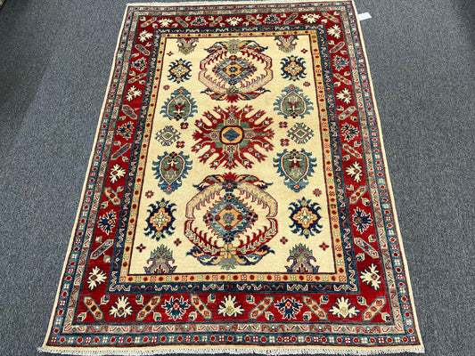 Beige/Red Kazak 5X7 Handmade Wool Rug # 13817