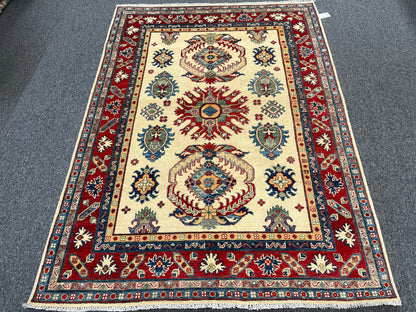 Beige/Red Kazak 5X7 Handmade Wool Rug # 13817