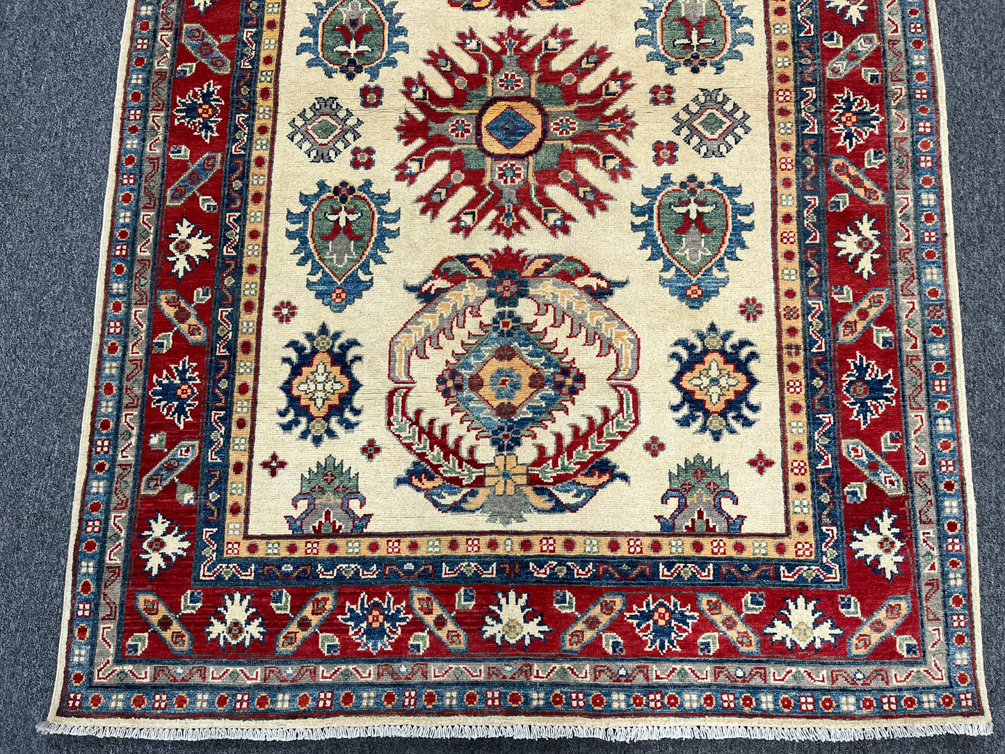 Beige/Red Kazak 5X7 Handmade Wool Rug # 13817