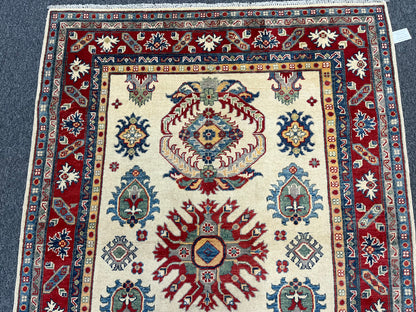 Beige/Red Kazak 5X7 Handmade Wool Rug # 13817