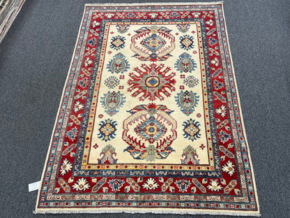 Beige/Red Kazak 5X7 Handmade Wool Rug # 13817