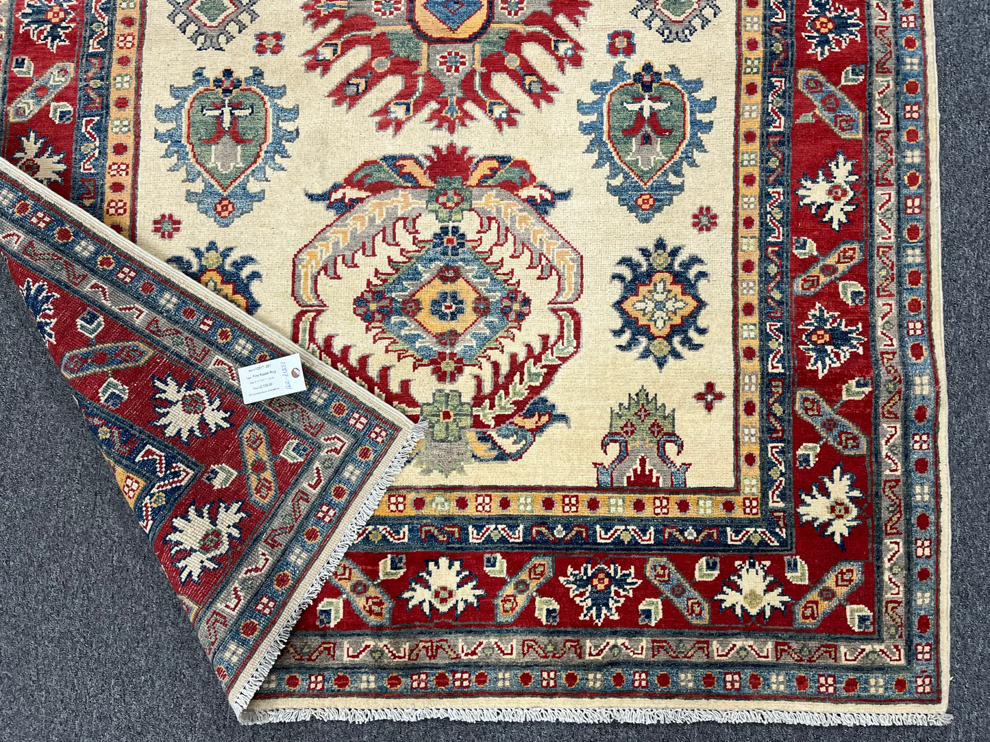 Beige/Red Kazak 5X7 Handmade Wool Rug # 13817