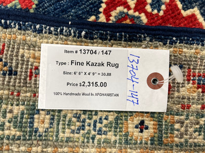 Navy Blue 5X7 Kazak Handmade Wool Rug # 13704