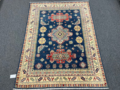 5X7 Kazak Navy Blue Handmade Wool Rug # 13706