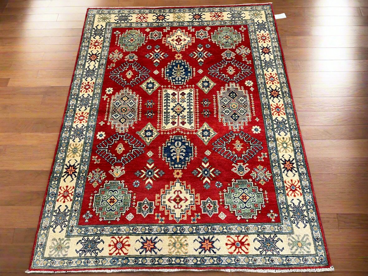 Red/Beige 5X7 Kazak Handmade Wool Rug # 13614