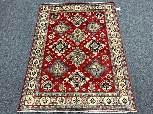 5X7 Kazak Red/Beige Handmade Wool Rug # 13616