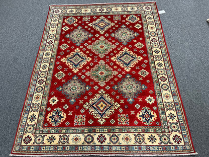 Kazak Geometric Red 5X7 Handmade Wool Rug # 13617