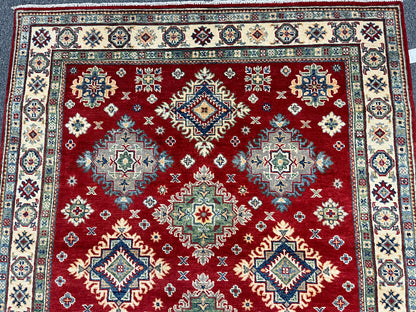 Kazak Geometric Red 5X7 Handmade Wool Rug # 13617