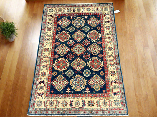 4X6 Kazak Navy Blue Handmade Wool Rug # 13846