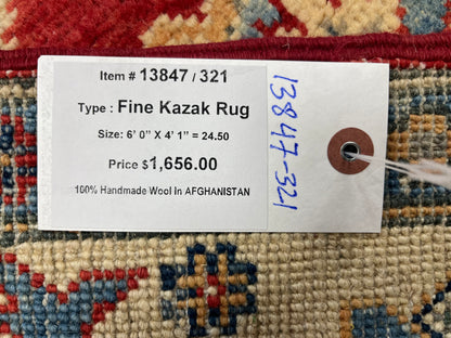 4 X 6 Kazak Red Handmade Wool Rug # 13847