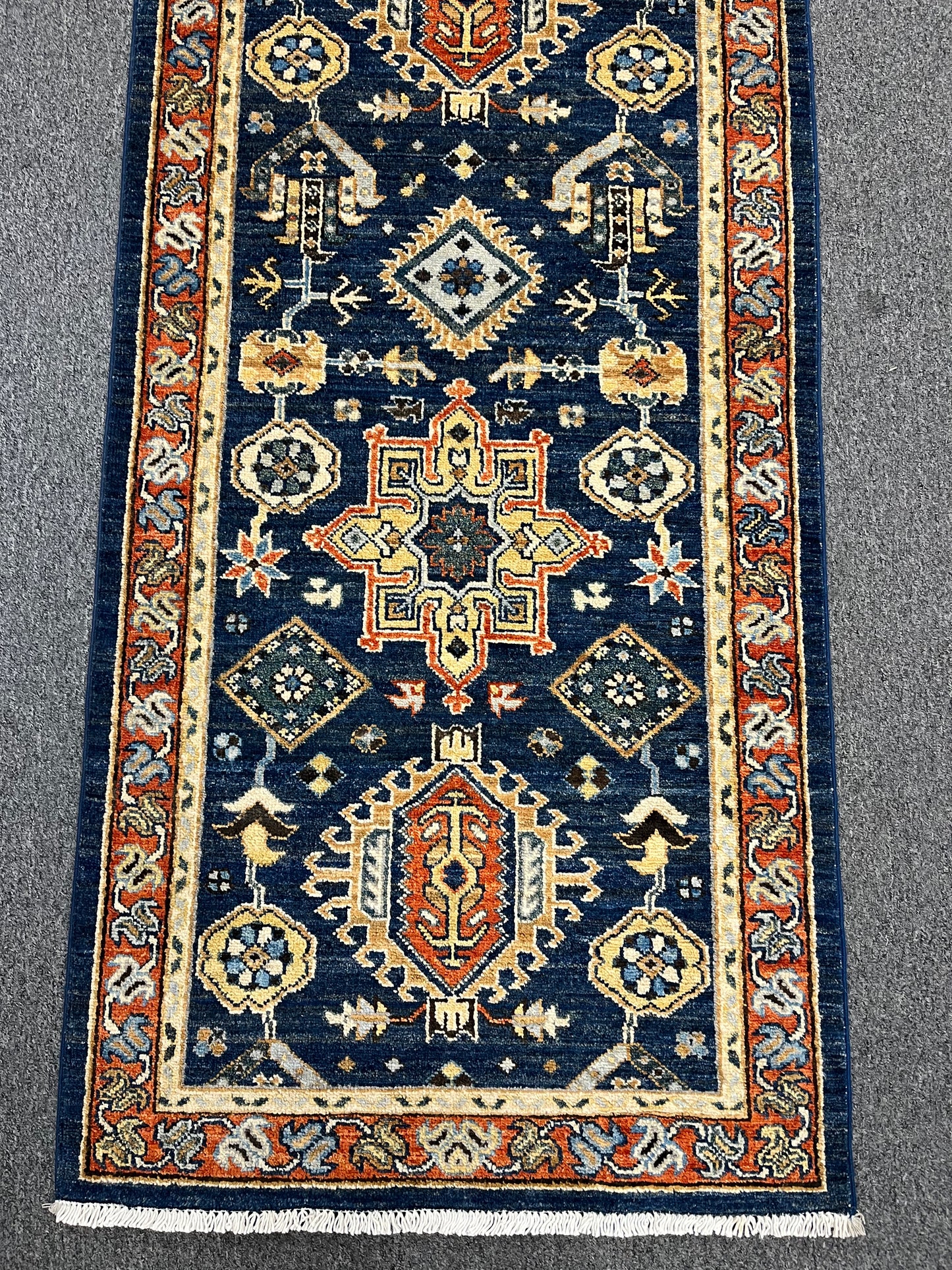 2' 6"X14' Geometric Dark Navy Handmade Wool Rug # 14206