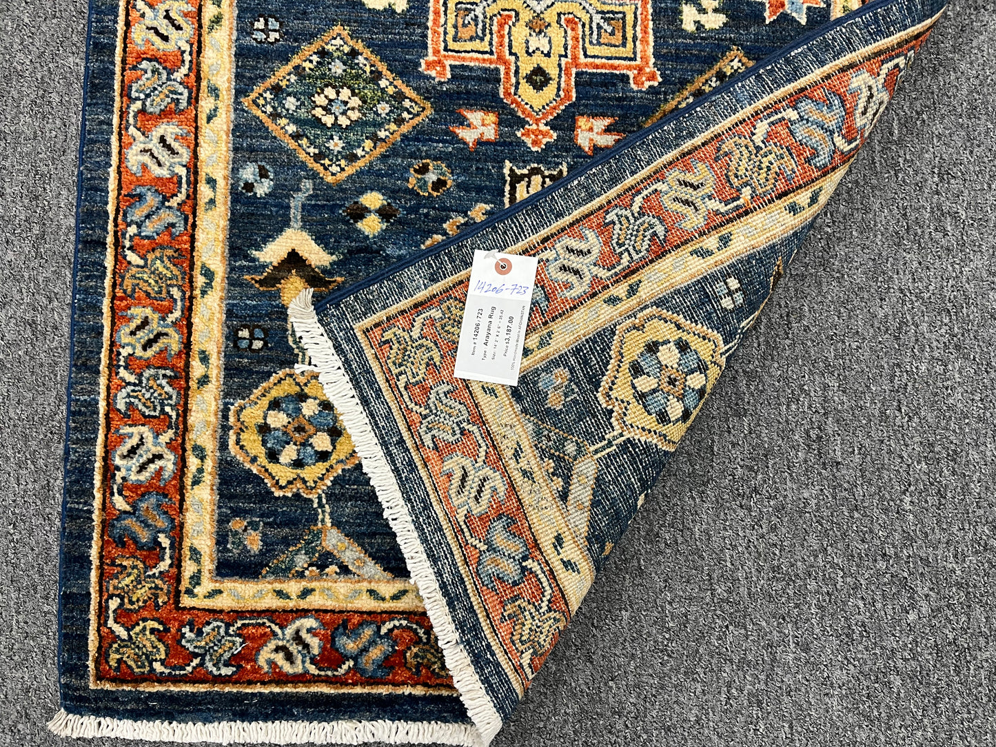 2' 6"X14' Geometric Dark Navy Handmade Wool Rug # 14206