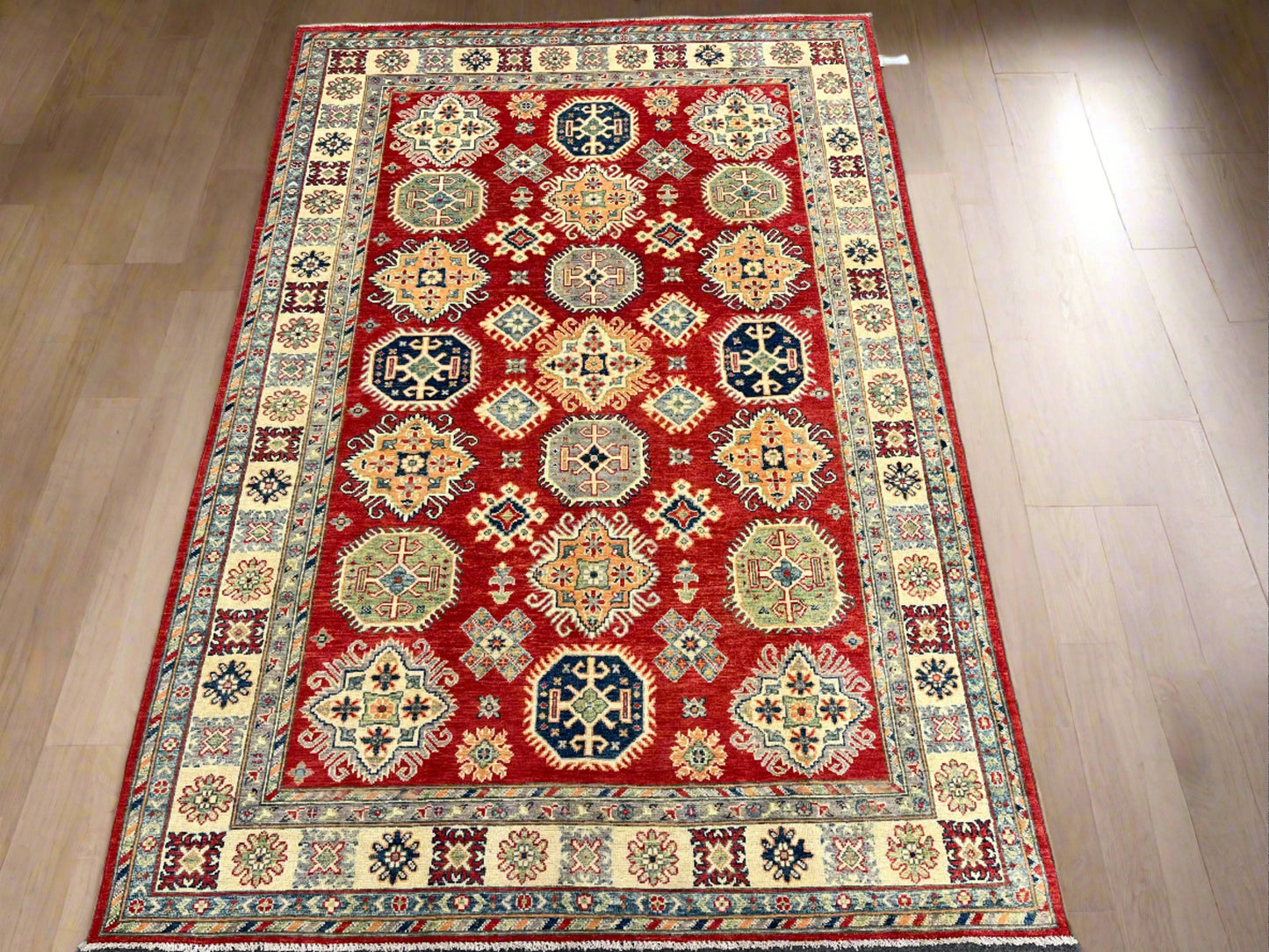 Kazak Red/Ivory 6X9 Handmade Wool Rug # 13905