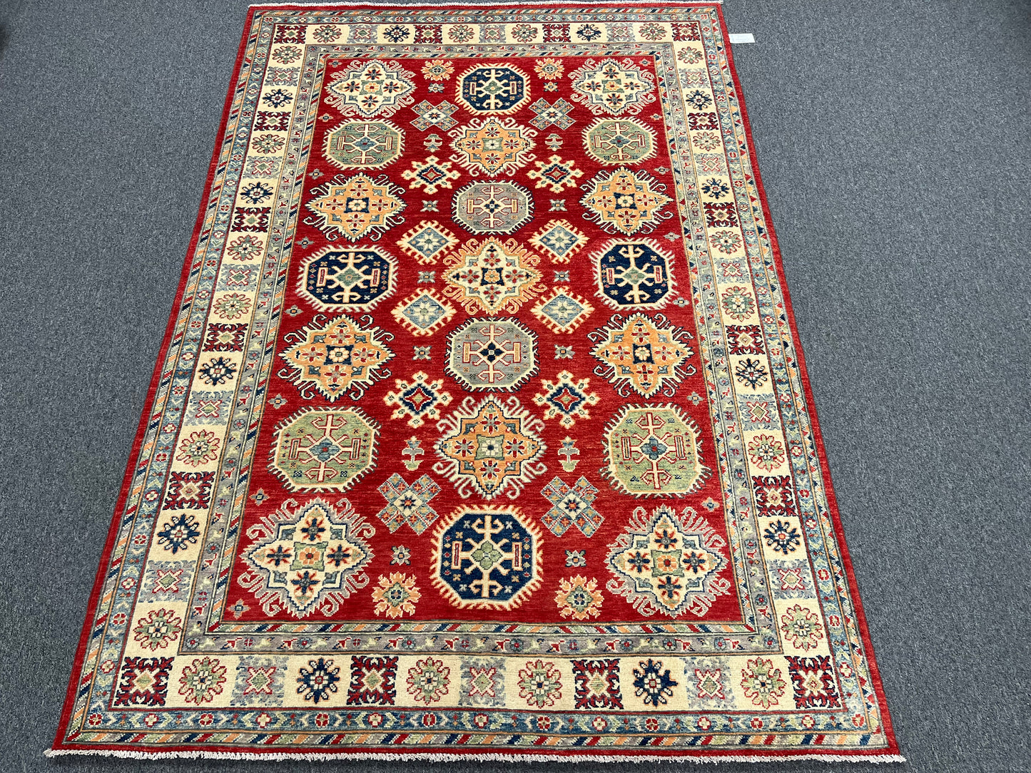 Kazak Red/Ivory 6X9 Handmade Wool Rug # 13905