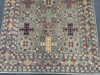 Kazak Gray Geometric 6x9 Handmade Wool Rug # 13657